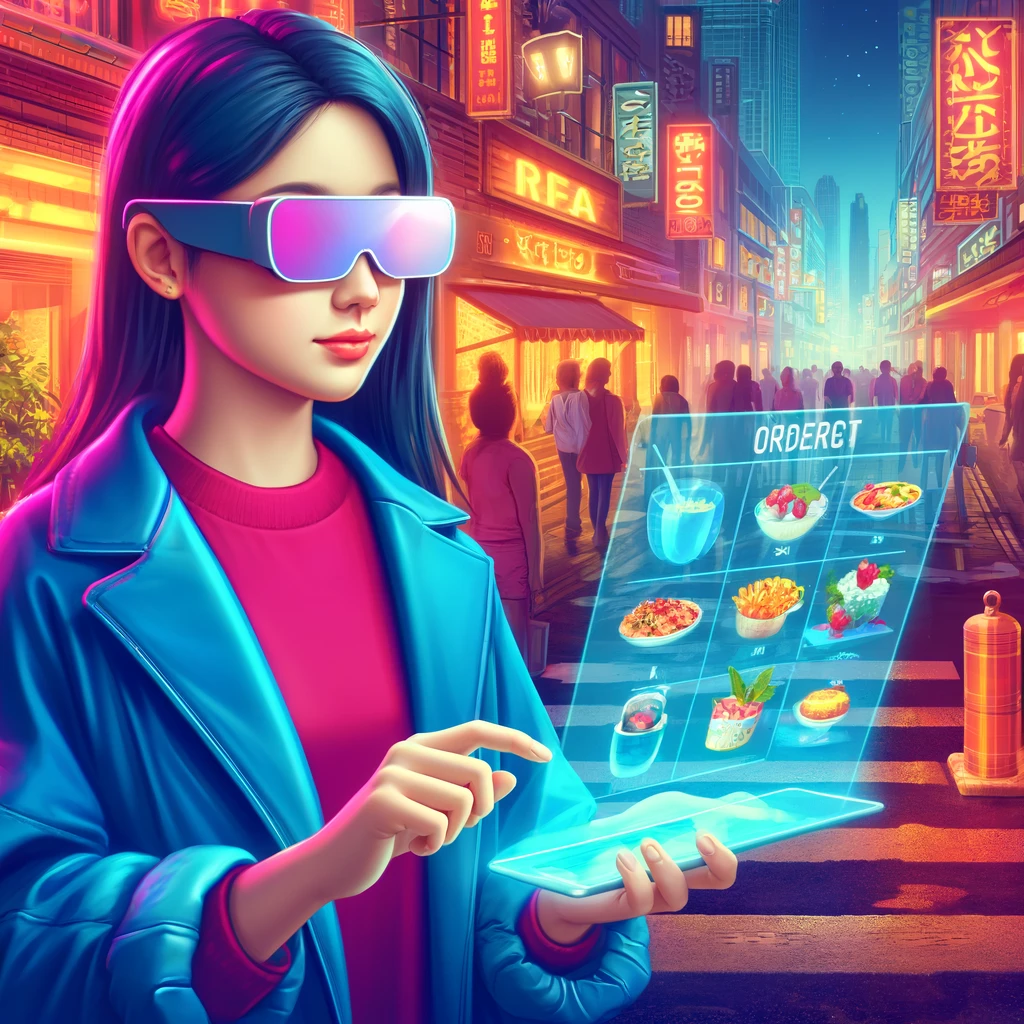 DALL·E 2024-05-14 16.17.13 - A vibrant, square illustration depicting a young Asian woman ordering food using augmented reality in a bustling urban setting. She is wearing stylish.webp