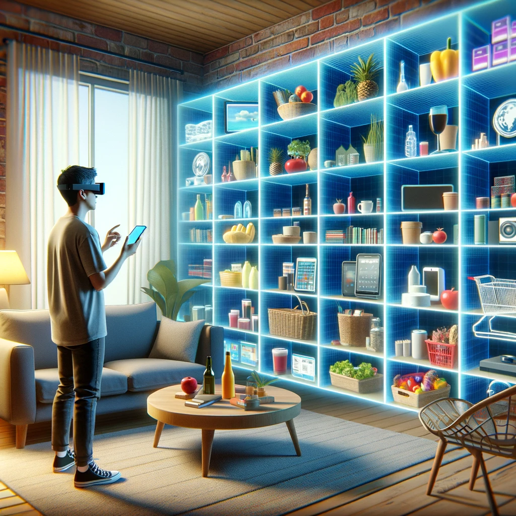 DALL·E 2024-05-28 15.34.39 - A person shopping for virtual items on the walls of their living room. The living room looks normal and cozy with a sofa, coffee table, and a lamp. Th.png